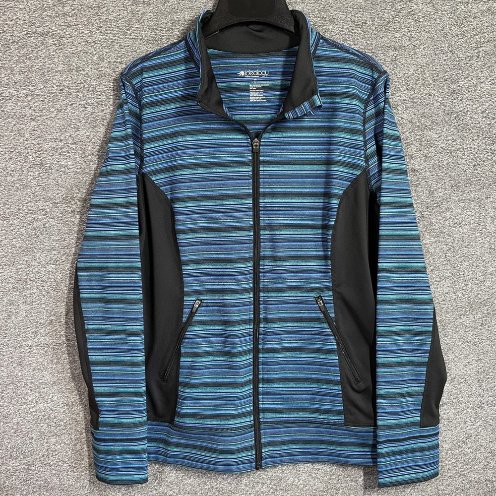 Ideology Jacket Womens L Blue Striped Full Zip Active Mock Neck
